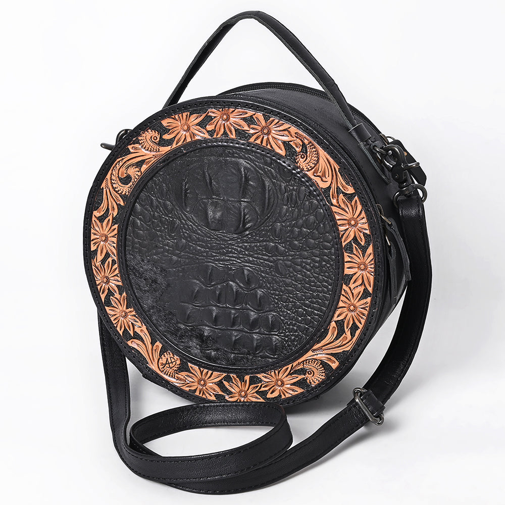 American Darling Hand Tooled & Hair On Crocodile Genuine Leather Canteen Bag