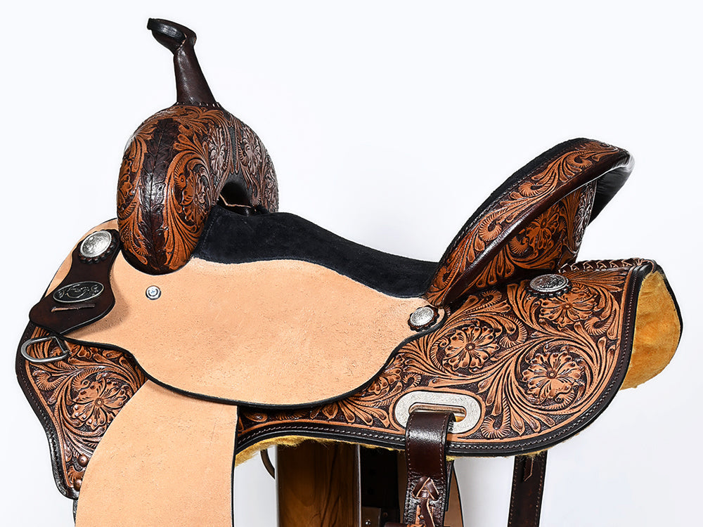 COMFYTACK Western Horse Barrel Racing American Leather Saddle Floral Carved & Tack Set Dark Brown