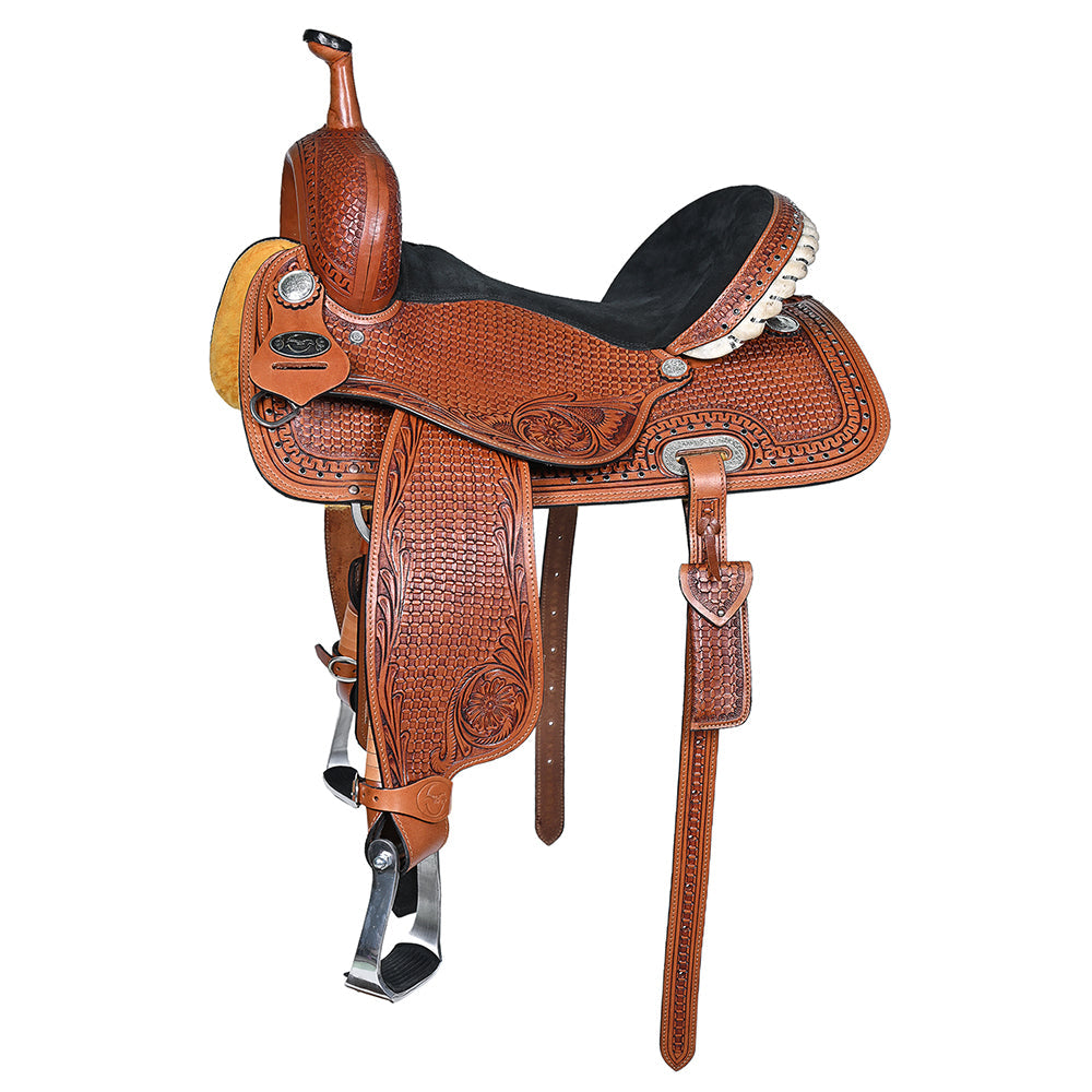 COMFYTACK Western Horse Barrel Racing American Leather Saddle Floral Carved & Tack Set Brown
