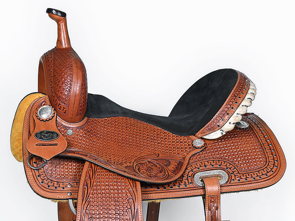 COMFYTACK Western Horse Barrel Racing American Leather Saddle Floral Carved & Tack Set Brown