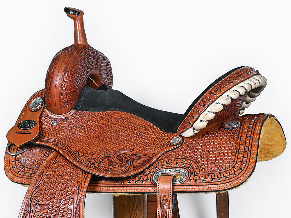 COMFYTACK Western Horse Barrel Racing American Leather Saddle Floral Carved & Tack Set Brown