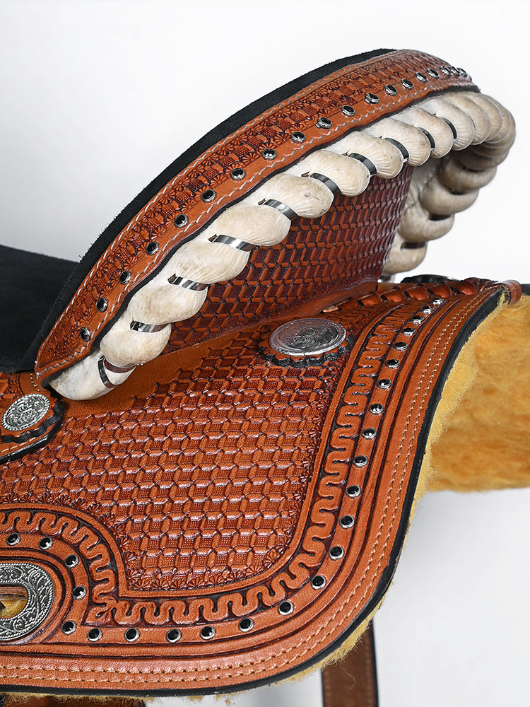COMFYTACK Western Horse Barrel Racing American Leather Saddle Floral Carved & Tack Set Brown