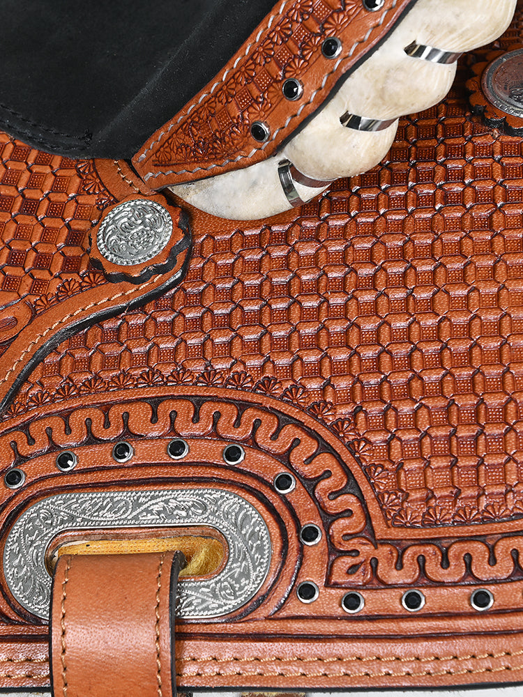 COMFYTACK Western Horse Barrel Racing American Leather Saddle Floral Carved & Tack Set Brown
