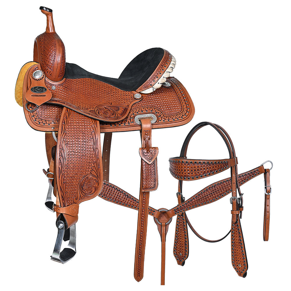 COMFYTACK Western Horse Barrel Racing American Leather Saddle Floral Carved & Tack Set Brown