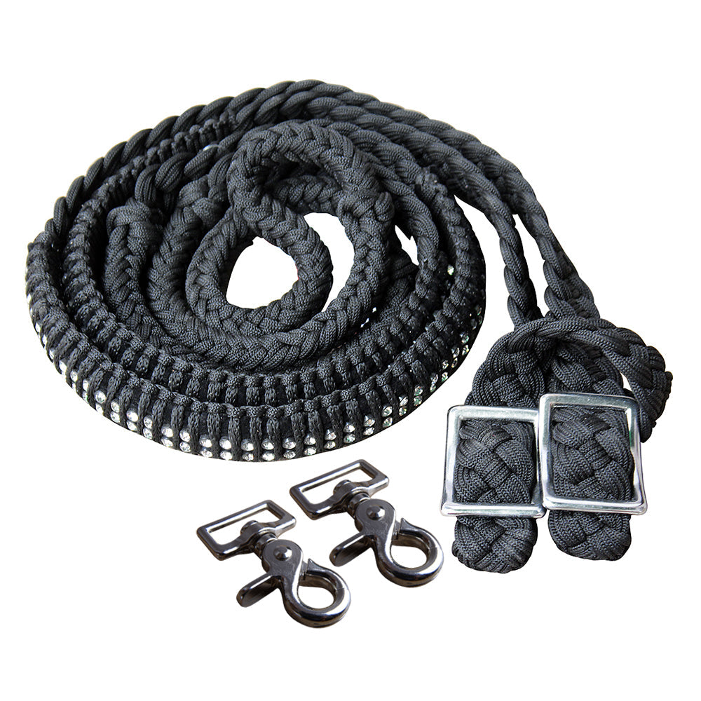 1" X 8Ft Hilason Braided Poly Horse Barrel Reins Flat Grip Knots Crystal W/ Snaps