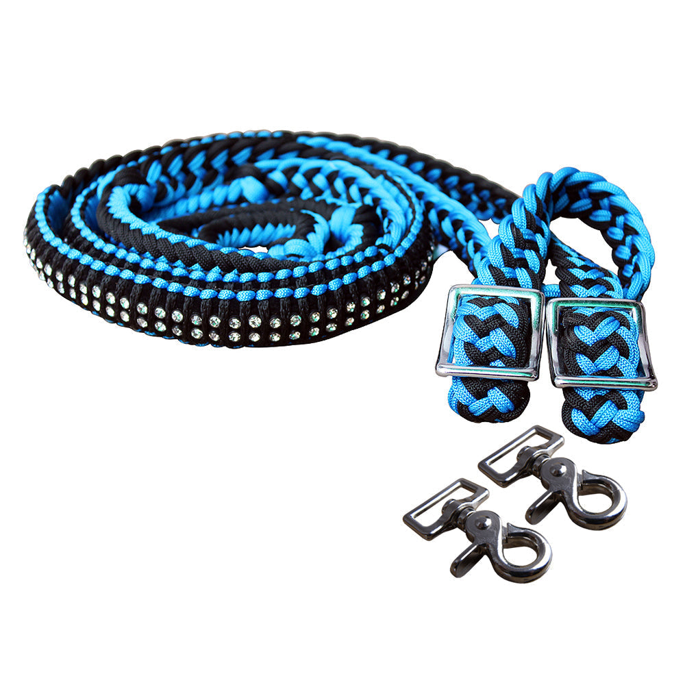1" X 8Ft Hilason Braided Poly Horse Barrel Reins Flat Grip Knots Crystal W/ Snaps