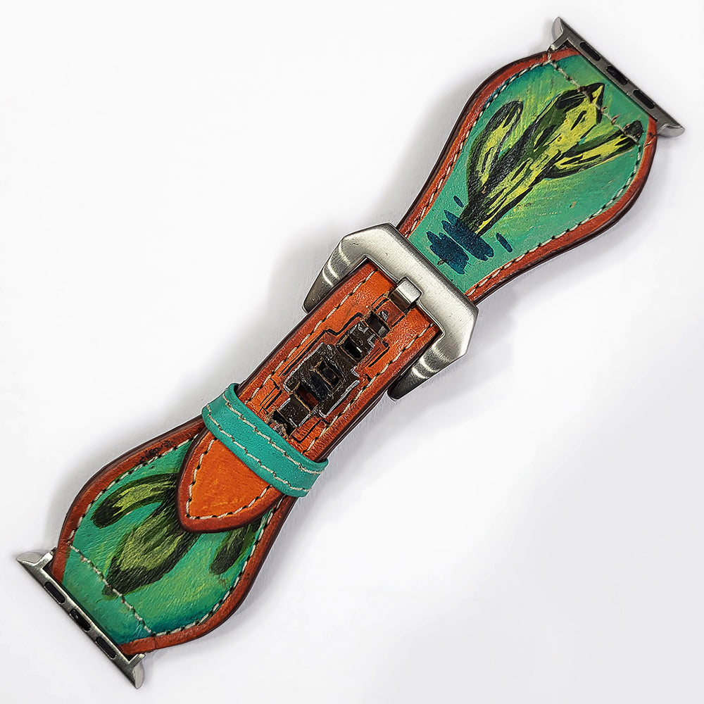 American Darling Hand Tooled I watch Strap Genuine Leather With Beautiful Cactus Hand Painted Smart Watch Strap