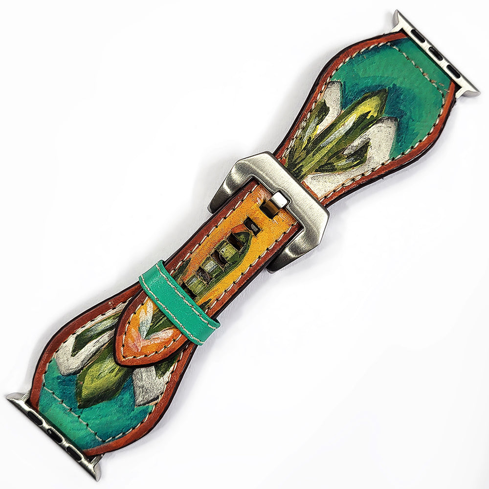 American Darling Hand Tooled I watch Strap Genuine Leather With Beautiful Cactus Hand Painted Smart Watch Strap