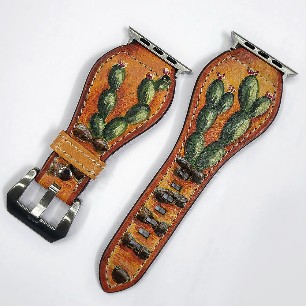 American Darling Hand Tooled I watch Strap Genuine Leather With Beautiful Cactus Hand Painted Smart Watch Strap