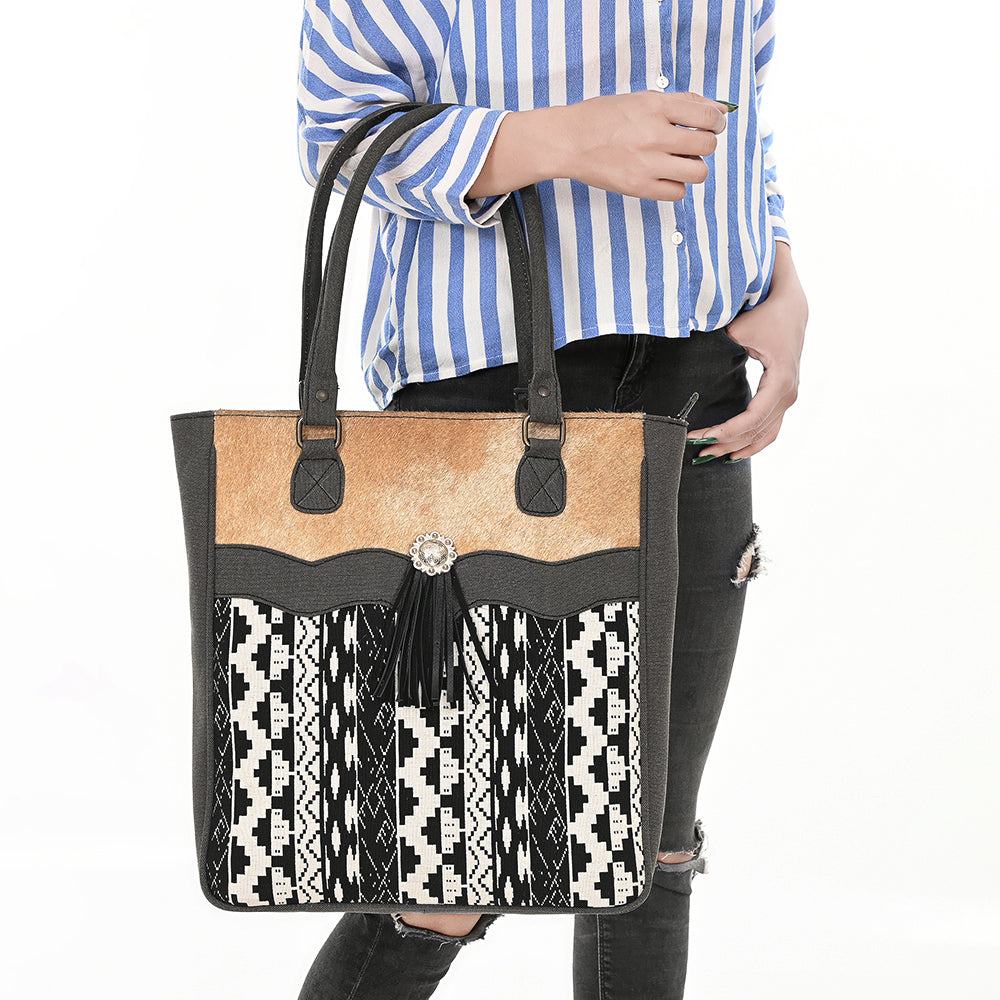 OHLAY Tote Upcycled Canvas Hair On  Genuine Leather Women Bag Western Handbag Purse