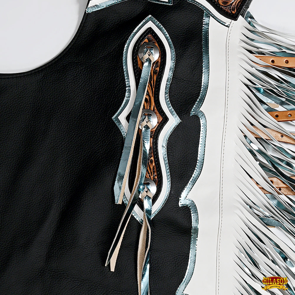 Hilason Bull Riding Pro Rodeo Chaps Black Genuine Leather Bronc Show Adult Safety Protective Horse Riding Chaps