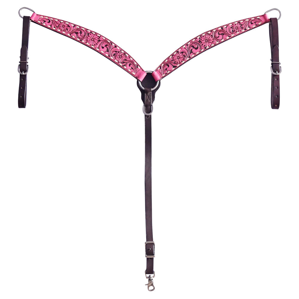 Hilason Horse Floral Hand Carved American Leather Breast Collar Headstall Pink