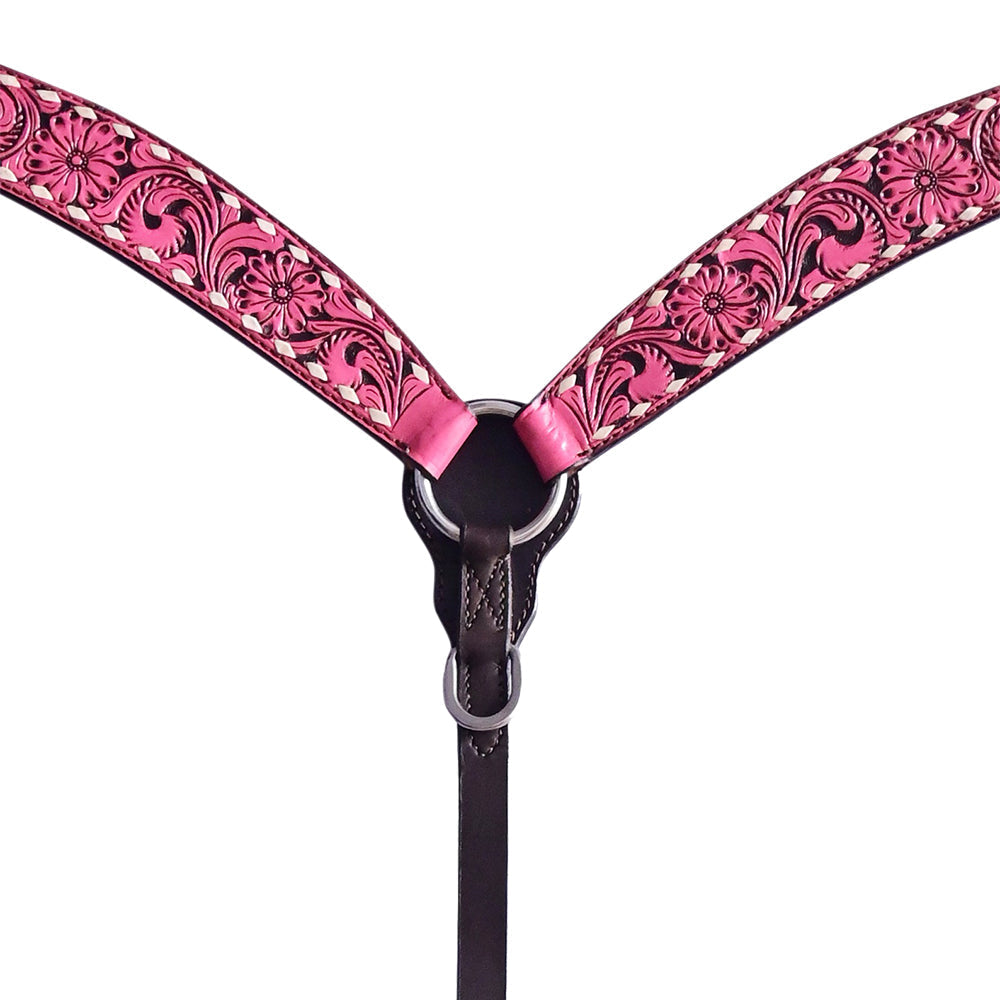 Hilason Horse Floral Hand Carved American Leather Breast Collar Headstall Pink