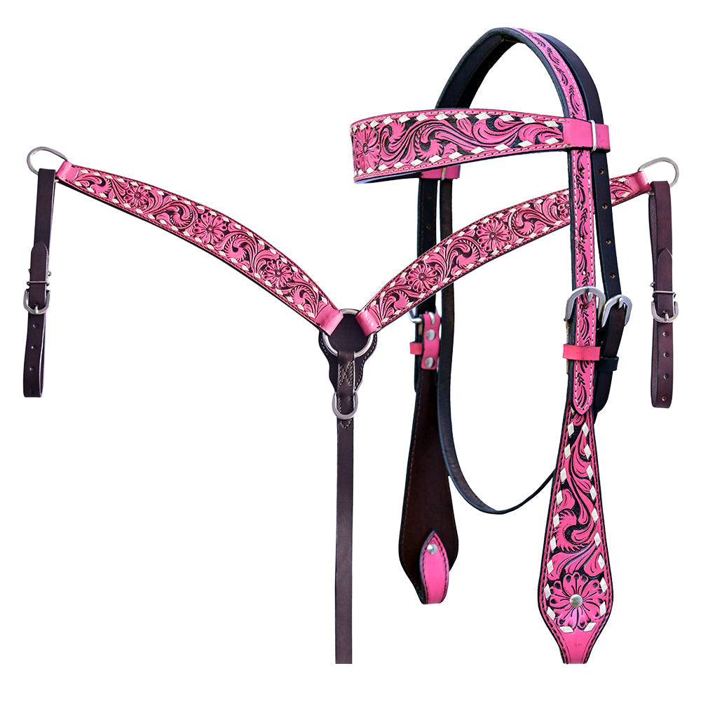 Hilason Horse Floral Hand Carved American Leather Breast Collar Headstall Pink