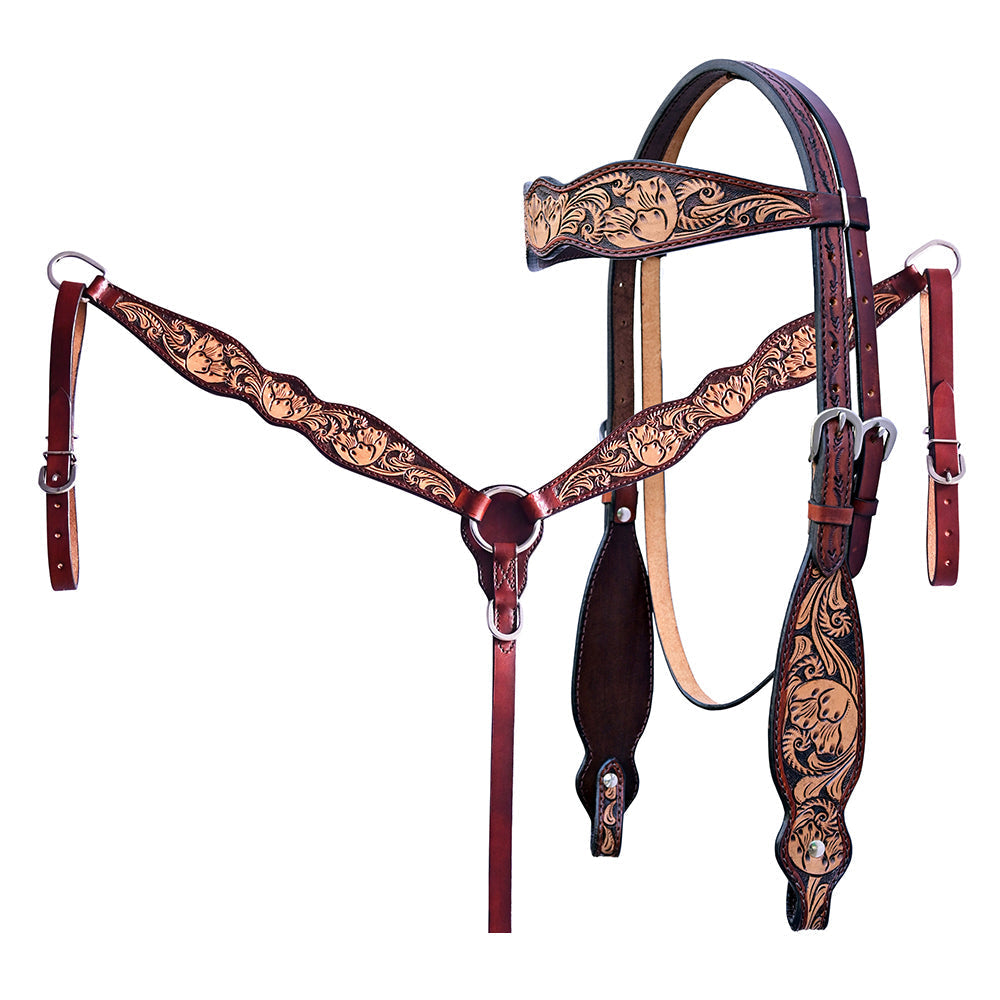 Hilason Horse Floral Hand Carved American Leather Breast Collar Headstall Brown
