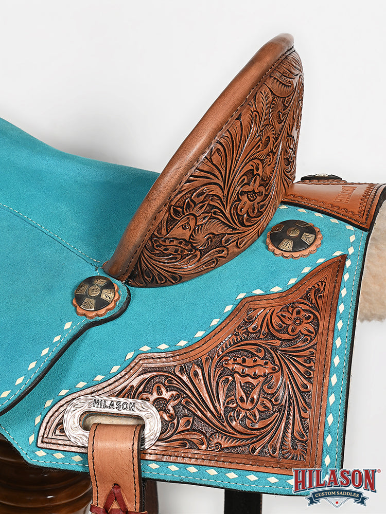 Hilason Western Horse Barrel Flex Tree Trail American Leather Saddle Turquoise Gorgeous Floral Hand Tooled & Carved