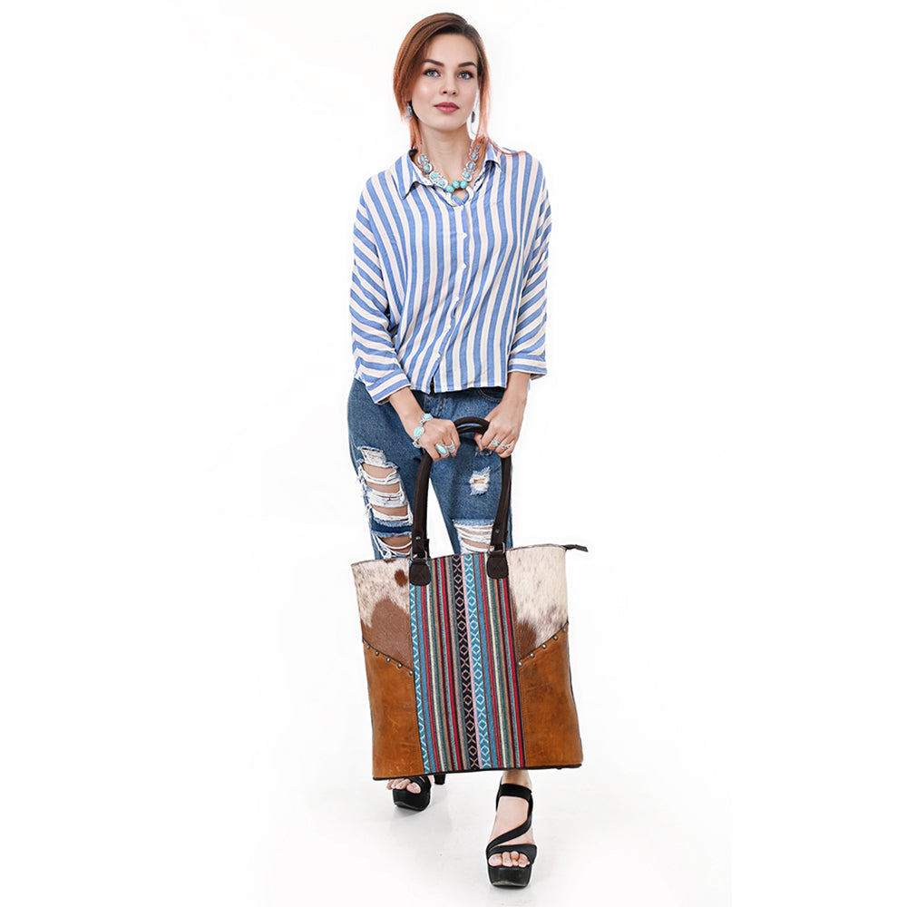 OHLAY Tote Hair On Upcycled Canvas  Genuine Leather Women Bag Western Handbag Purse