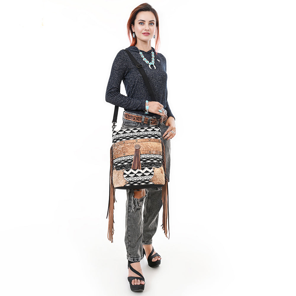 OHLAY Large Crossbody Hair On Upcycled Canvas  Genuine Leather Women Bag Western Handbag Purse