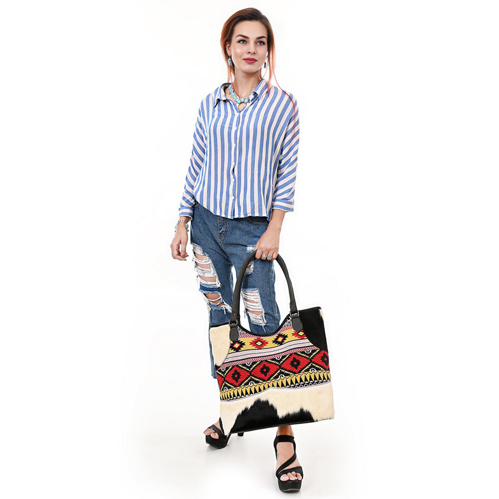 OHLAY Tote Hair On Upcycled Canvas  Genuine Leather Women Bag Western Handbag Purse