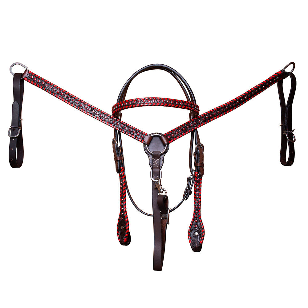 BAR H EQUINE Horse Hand Carved Breast Collar Headstall Genuine Leather Dark Brown