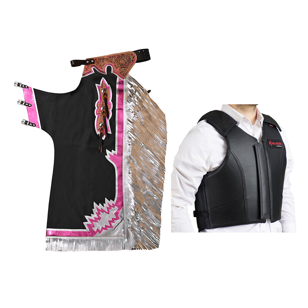 HILASON Western Horse Bull Riding Safety Leather Protective Vest & Rodeo Chaps Combo