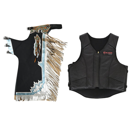 HILASON Western Horse Bull Riding Safety Leather Protective Vest & Rodeo Chaps Combo