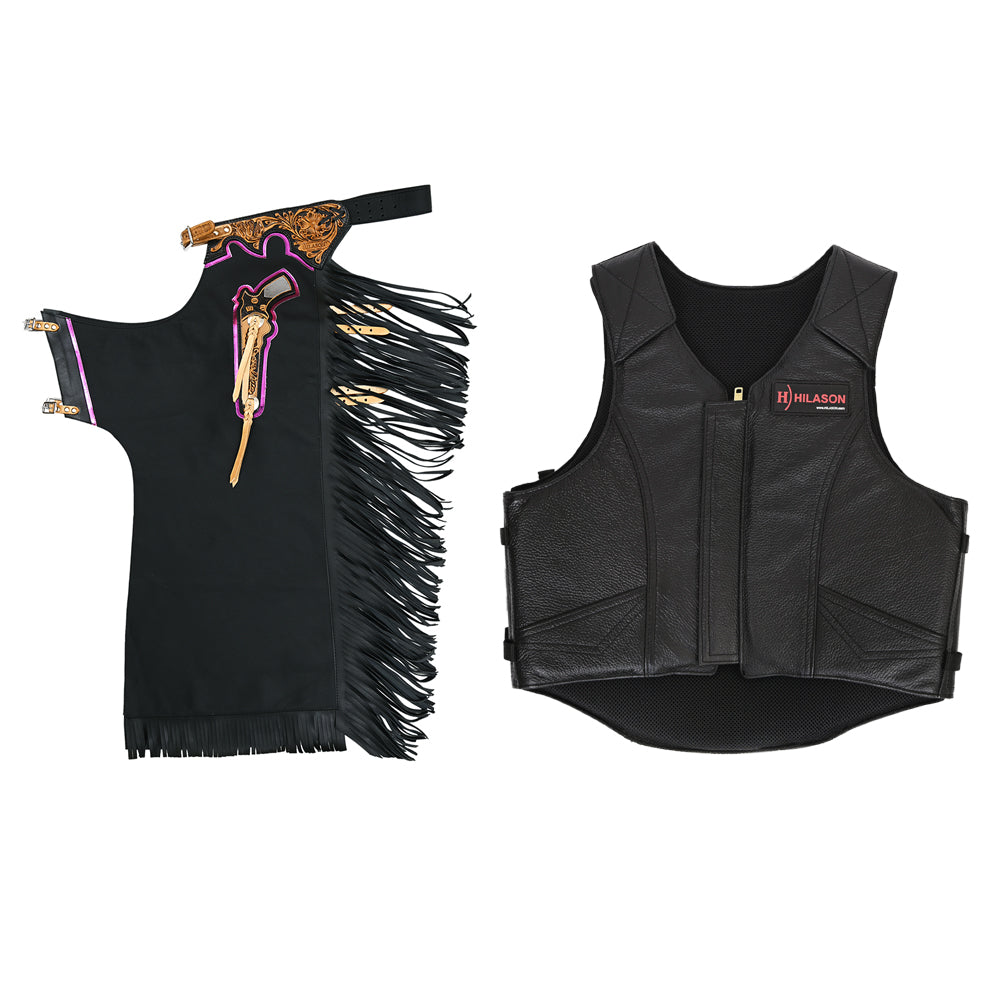 HILASON Western Horse Bull Riding Safety Leather Protective Vest & Rodeo Chaps Combo