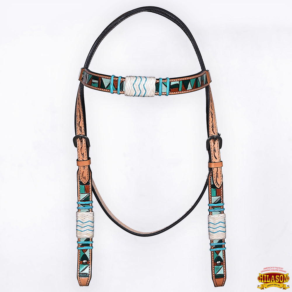 Hilason Horse Hand Painted American Leather Breast Collar Headstall Rawhide Braided Tan