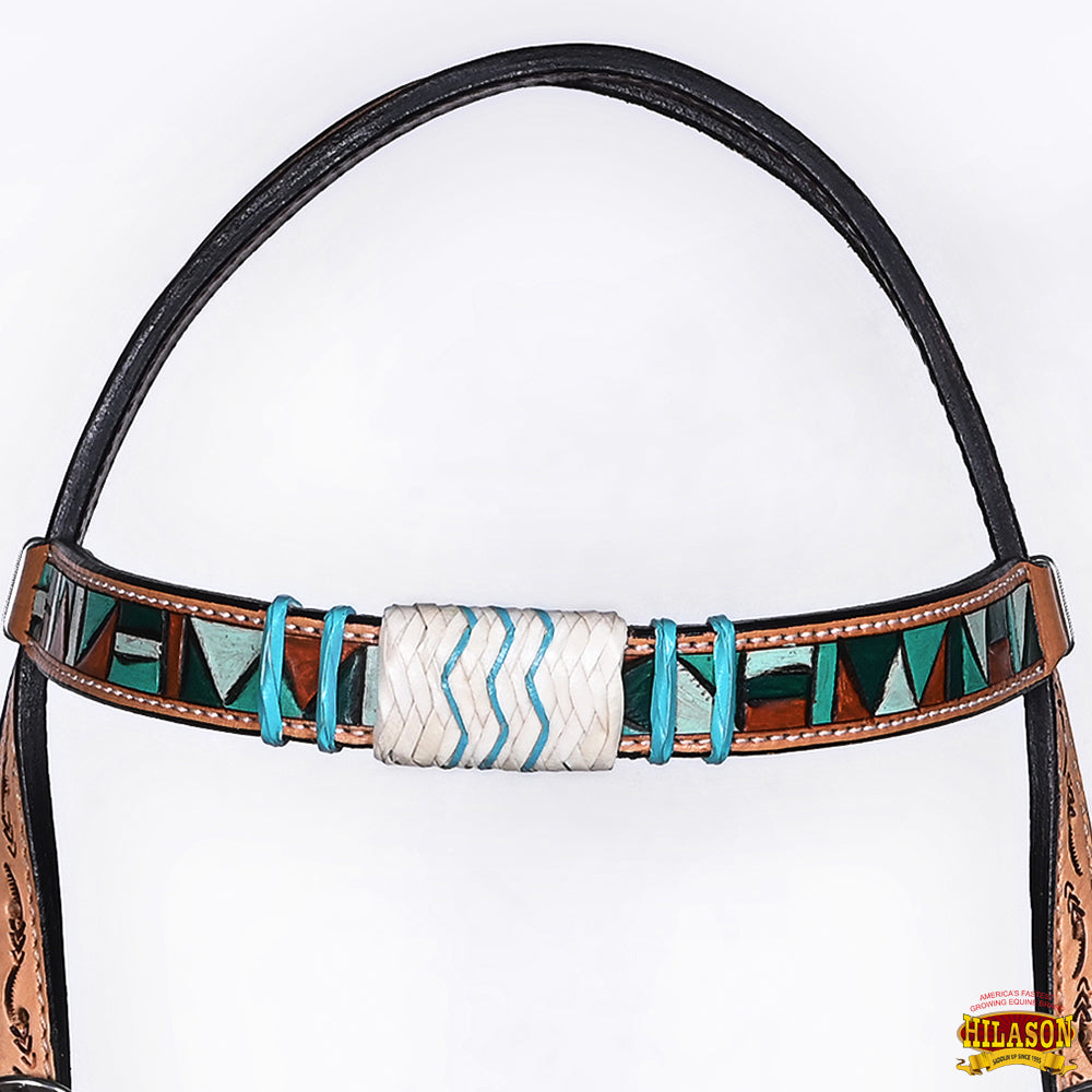 Hilason Horse Hand Painted American Leather Breast Collar Headstall Rawhide Braided Tan