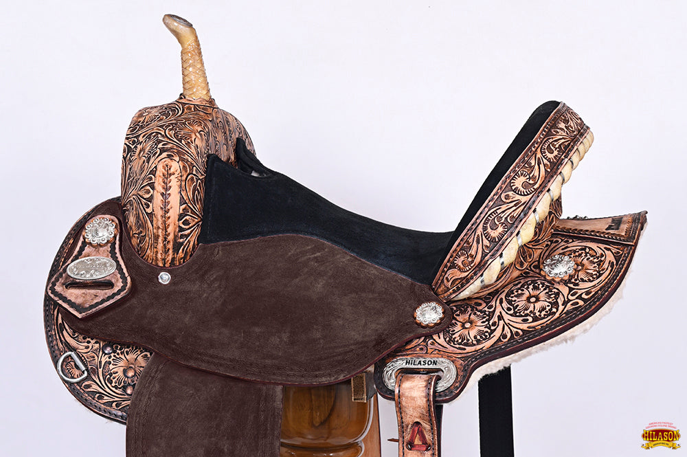 Hilason Western Horse Barrel Flex Tree Trail American Leather Saddle Antique Brown Gorgeous Floral Hand Tooled & Carved