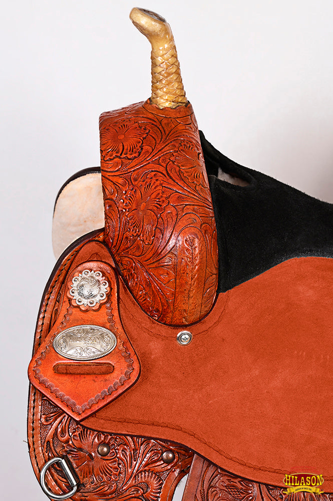 Hilason Western Horse Barrel Flex Tree Trail Saddle American Leather Saddle Tan  Gorgeous Floral Hand Tooled & Carved