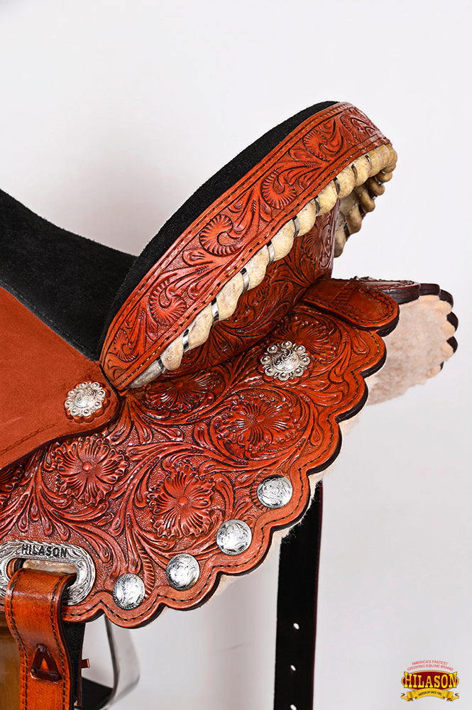 Hilason Western Horse Barrel Flex Tree Trail Saddle American Leather Saddle Tan  Gorgeous Floral Hand Tooled & Carved
