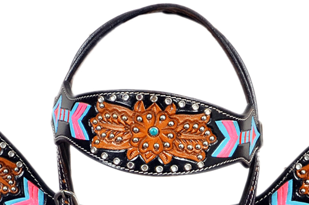 Hilason Western Horse Leather Headstall & Breast Collar Set Black with Blue Fringes