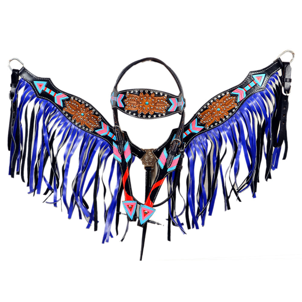 Hilason Western Horse Leather Headstall & Breast Collar Set Black with Blue Fringes
