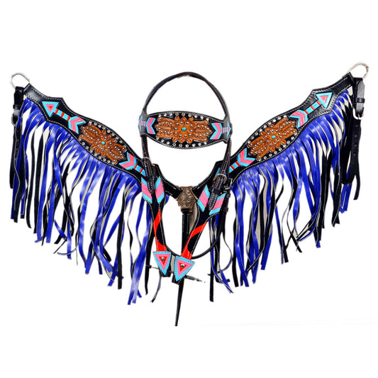 Hilason Western Horse Leather Headstall & Breast Collar Set Black with Blue Fringes