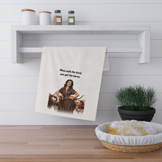 Sassy Rustic Vintage Tea Towels, "Mess with the herd, you get the horns" Fun Kitchen and Bar Decor, Country Home Gift, Farmhouse Style, Humorous Tea Towel