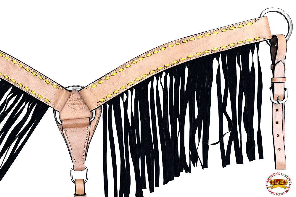 HILASON Western Horse Breast Collar Genuine Leather Tan With Black Fringes
