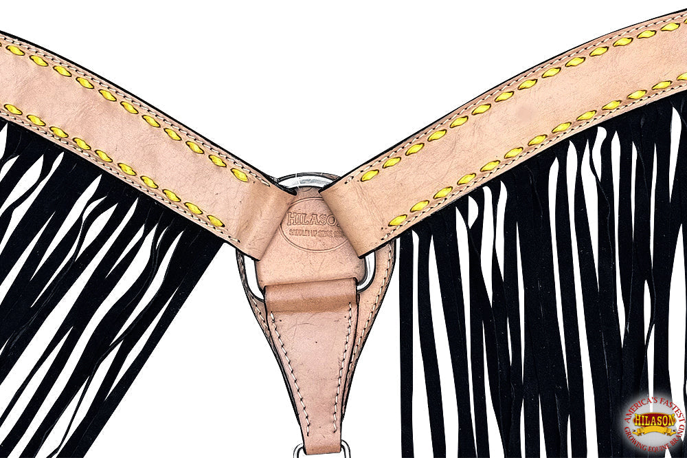 HILASON Western Horse Breast Collar Genuine Leather Tan With Black Fringes