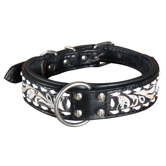 Hilason Heavy Duty Handpainted Genuine Leather Dog Collar Black with buckstich