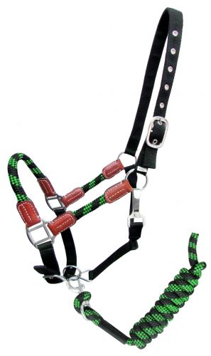 16647 - Nylon halter and matching lead rope with leather accents (ASSORTED COLORS)