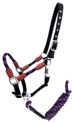 16647 - Nylon halter and matching lead rope with leather accents (ASSORTED COLORS)