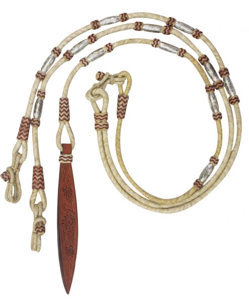 Braided Natural Rawhide Romal Reins with floral tooled design on Leather Popper