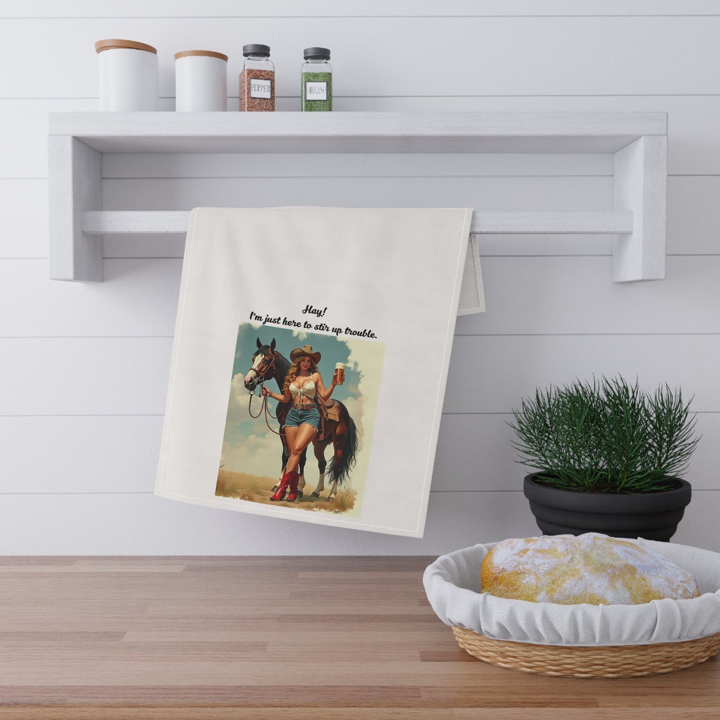 Cowgirl Tea/Bar Towels - "Hay! I'm just here to stir up trouble." Rustic Kitchen and Bar Decor, Western Home, Gift for Horse Lovers, Country Style, Cooking Essentials