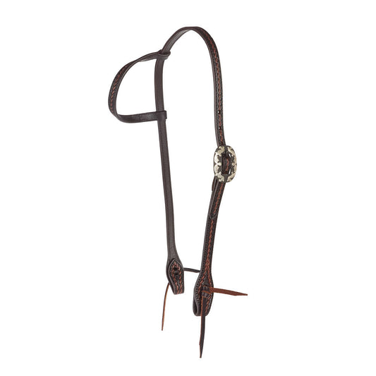 WD-RTSEH-HO-23 Heavy Oiled Rope Tooling Silver Scroll Double Buckle 5 8 Inch Single Ear Headstall