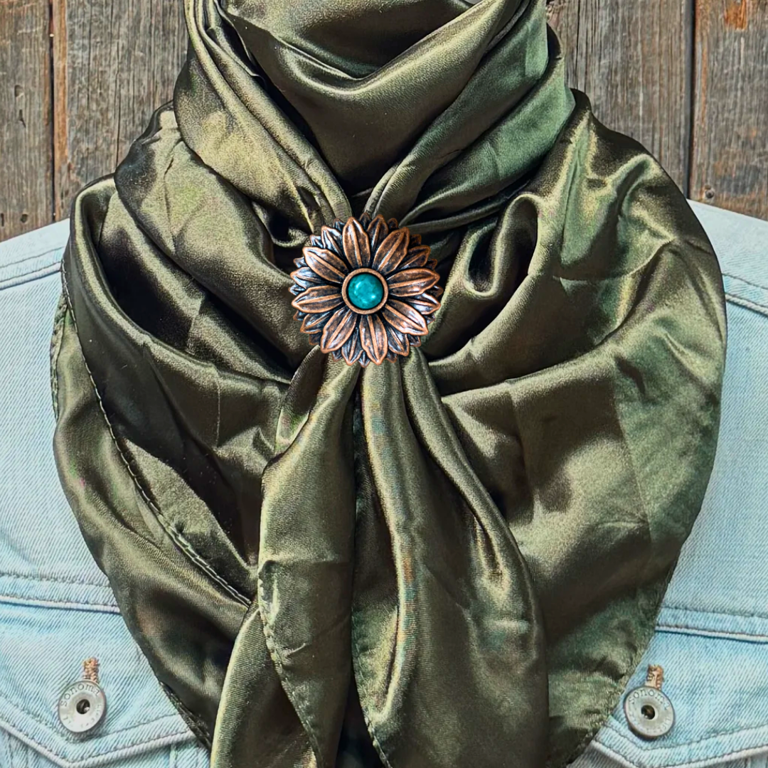 35X35" Solid Olive Wild Rag / Scarf WRS28 - Western Concho Wild Rag Slides - Assorted