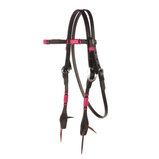 WD-RRSBH-P Hot Pink Rawhide Rope Tooled Browband Headstall