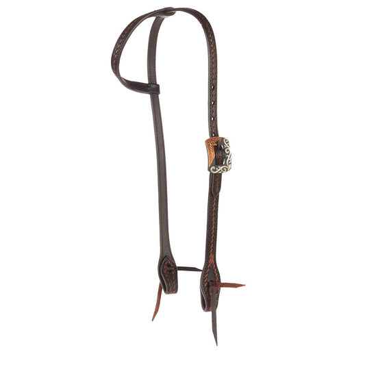 WD-RTSEH-HO-7 Heavy Oiled Rope Tooling Silver Scroll Copper Bar Double Buckle Single Ear Headstall