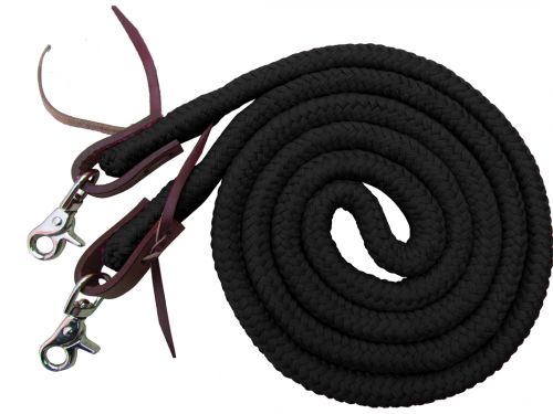 19504 - (Black) 8ft braided soft cotton barrel reins with scissor snap ends.