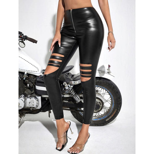 High Waist Leather Pants with Knee Cutouts | Country & Rock Style for Bar & Party Wear