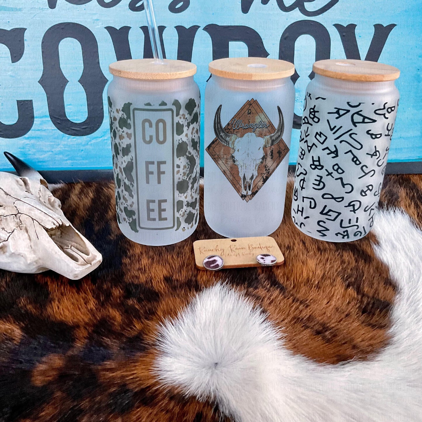 Vintage Skull Frosted Glass Western 16 oz Tumbler